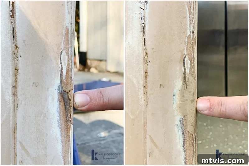 Two before and after pictures. The left photo is of a finger pointed to damaged wood, and the right photo is of the same finger pointed at the repair made with epoxy wood filler. The website "KaleidoscopeLiving.com" and the "K" logo is in the lower right-hand corner of both photos. 
