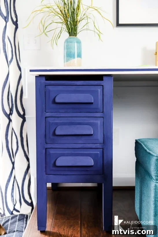 Chalk Paint Secrets: Your Complete Guide to Furniture Makeovers 11 Finished desk painted with Behr Chalk Decorative Paint in Timeless Blue, showcasing a beautiful, long-lasting furniture makeover. The transformed drawer bases are now part of an art table.