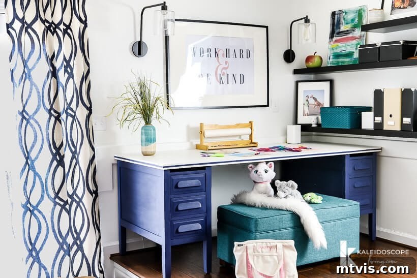 Chalk Paint Secrets: Your Complete Guide to Furniture Makeovers 12 Close-up of the desk painted with Behr Chalk Decorative paint in Timeless Blue, showcasing the smooth, matte finish achieved with proper painting and waxing techniques. Perfect for an art station.