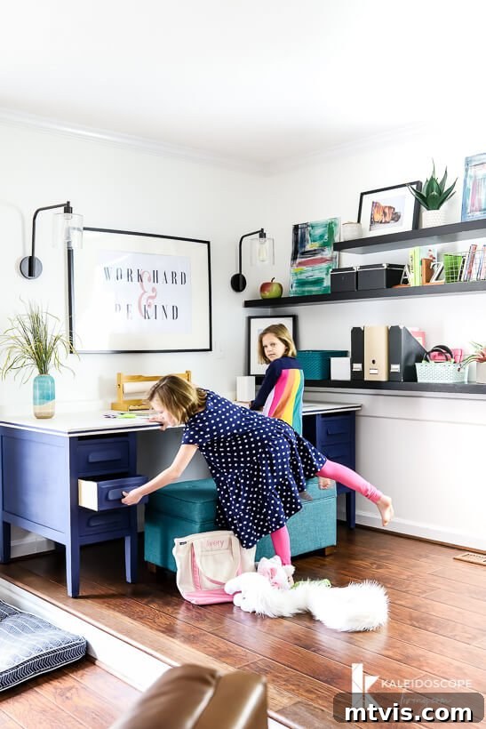 Chalk Paint Secrets: Your Complete Guide to Furniture Makeovers 15 Girls happily using their new art table and desk, painted with Behr Chalk Decorative Paint in Timeless Blue. The durable finish stands up to creative play. Perfect for home organization.