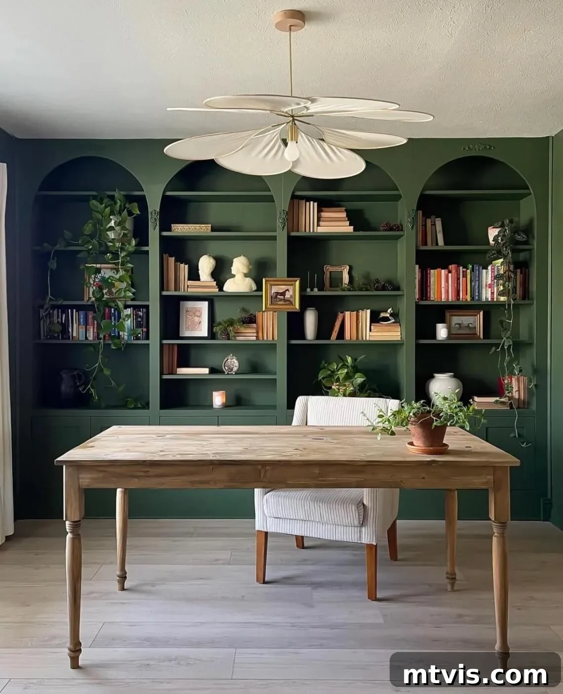 IKEA Smart Hacks: Custom Built-Ins and Bookshelf Upgrades 11 Green IKEA office bookcases take up the whole wall behind the desk. Arches have been added to the bookcase to make them look like built-ins.