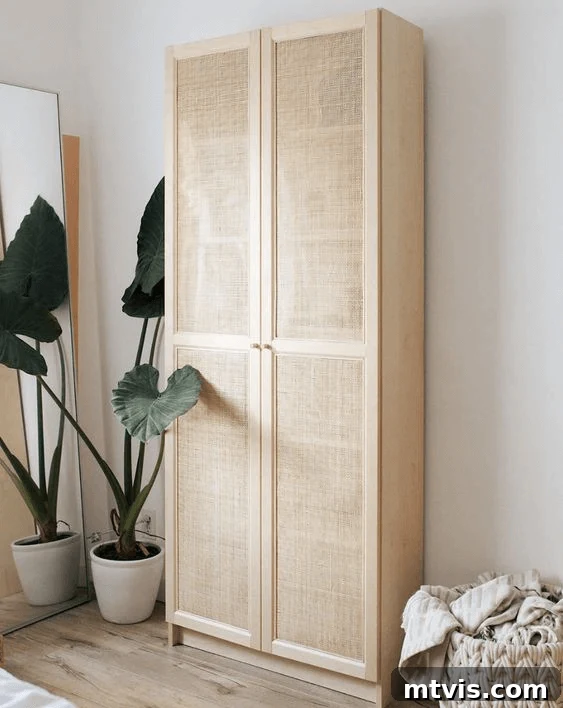 IKEA Smart Hacks: Custom Built-Ins and Bookshelf Upgrades 5 A cane door IKEA bookcase hack next to a large floor plant and a full-length mirror.