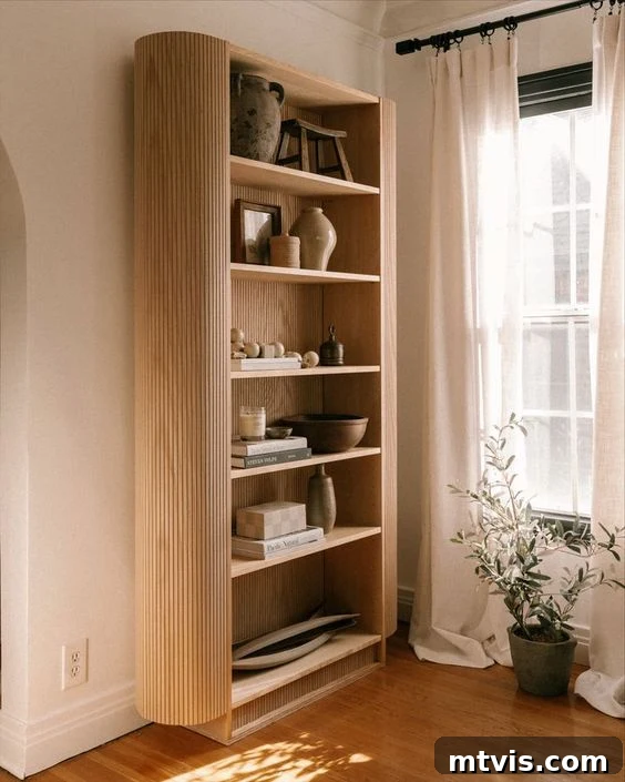 IKEA Smart Hacks: Custom Built-Ins and Bookshelf Upgrades 6 A pole-wrap Billy bookcase IKEA hack next to light beige floor-length curtain.
