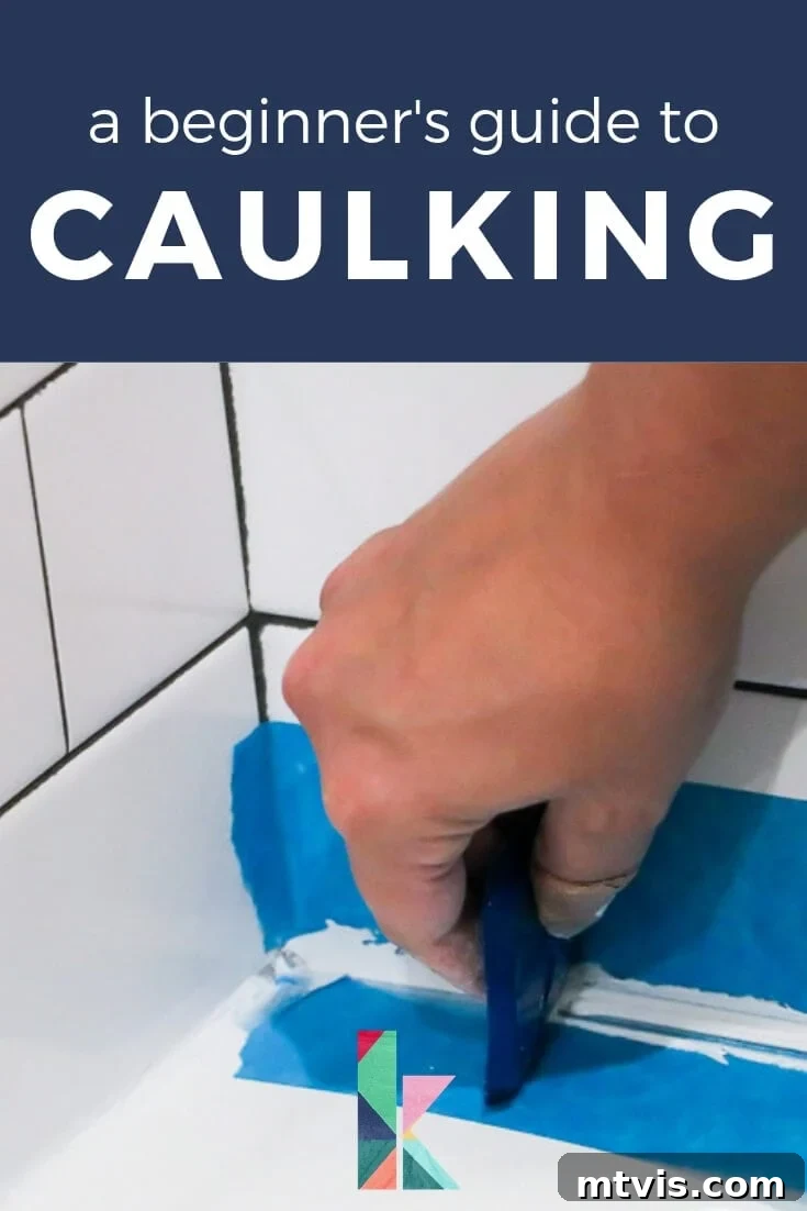 Caulking Made Easy A Beginner's Guide 2 A hand is using a scraper as they caulk a bathtub. The text title says,