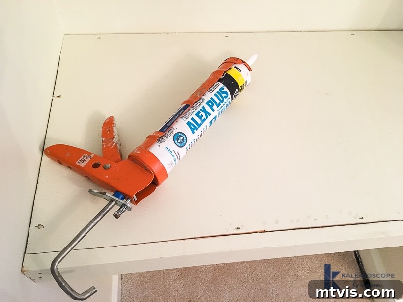 Caulking Made Easy A Beginner's Guide 3 An Alex Plus caulk gun on shelf, ready to demonstrate how to caulk.