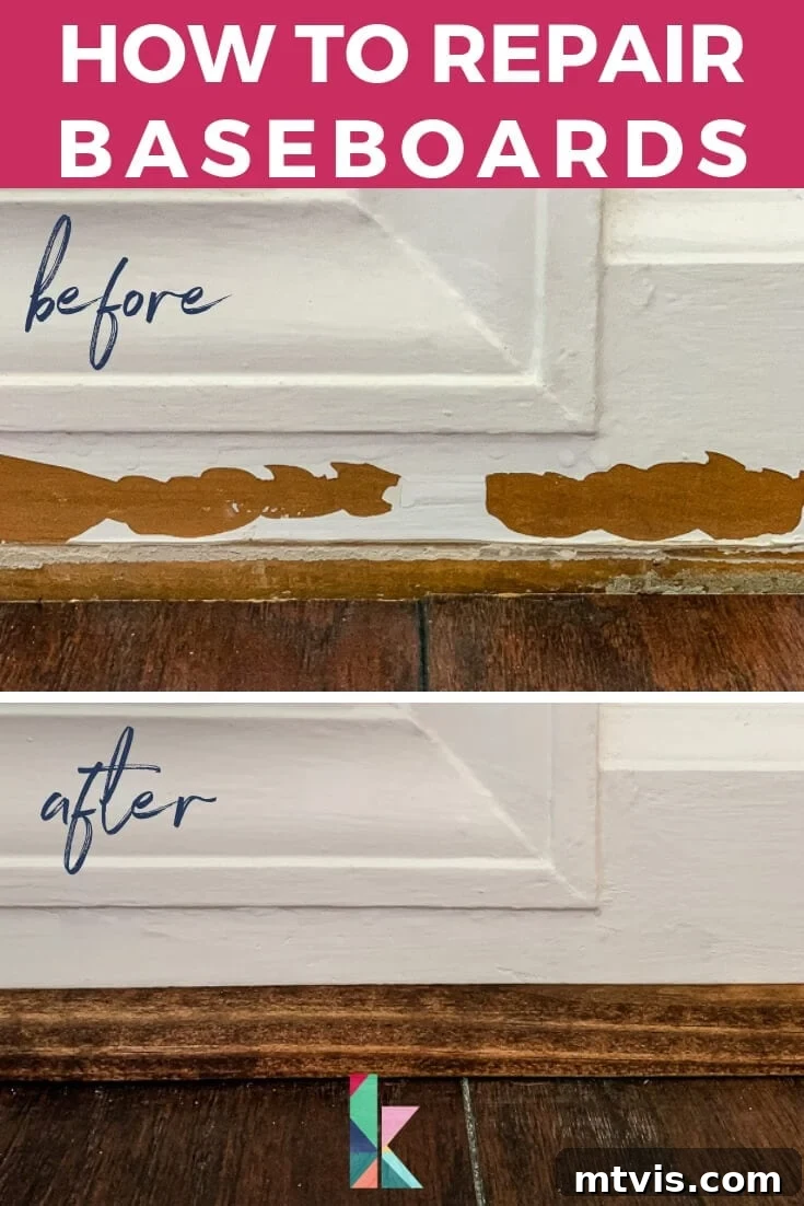 how to repair damaged baseboards photo with text overlay