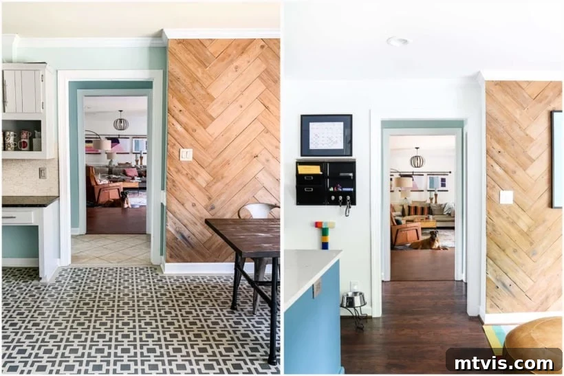 before and after kitchen remodel with laminate flooring, showcasing the unified look