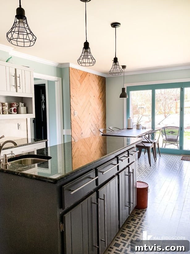 gray and aqua kitchen with painted floors, a testament to a previous budget makeover