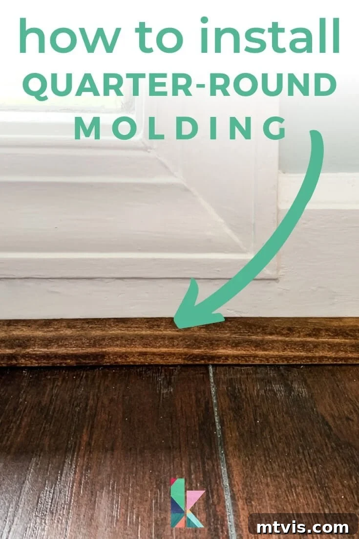 DIY Quarter Round Molding Installation 2 Close-up of stained quarter round molding on a white wall. A green arrow points to the molding, and text indicates 'How to install quarter round molding.'