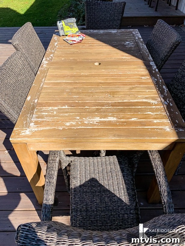Revitalize Your Teak: A 4-Step Guide 5 Close-up of a worn outdoor teak table showing uneven weathering