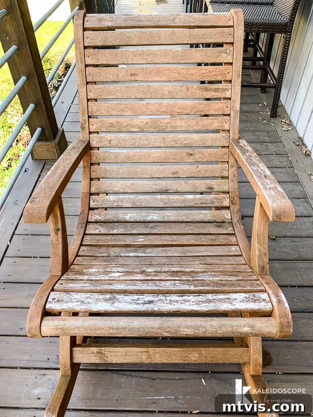 Revitalize Your Teak: A 4-Step Guide 7 Worn and weathered acacia outdoor rocking chair before restoration