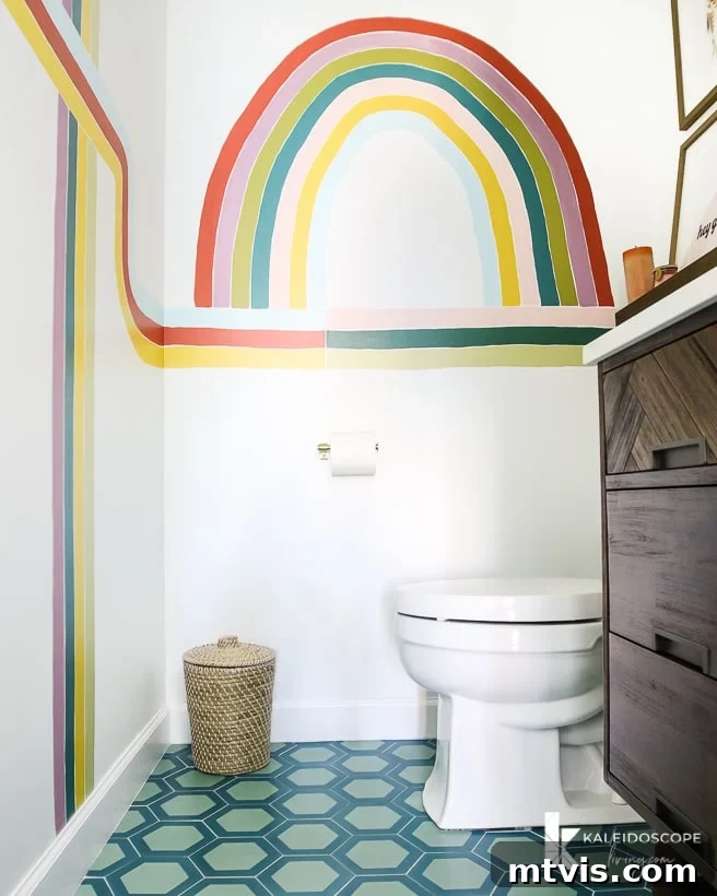 Handmade Hues: Our Vibrant Bathroom Makeover 17 Colorful modern powder room renovation with all elements harmonizing.