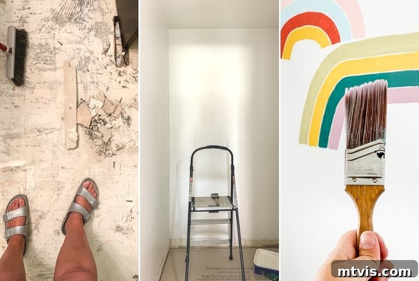 Handmade Hues: Our Vibrant Bathroom Makeover 4 Progress shot of a small powder room remodel showing new wall color and floor tiles being installed.