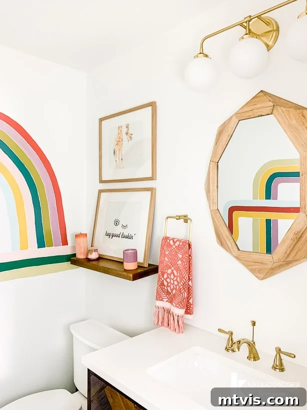 Handmade Hues: Our Vibrant Bathroom Makeover 7 Full view of the DIY bathroom remodel reveal, showcasing the modern vanity and colorful accents.