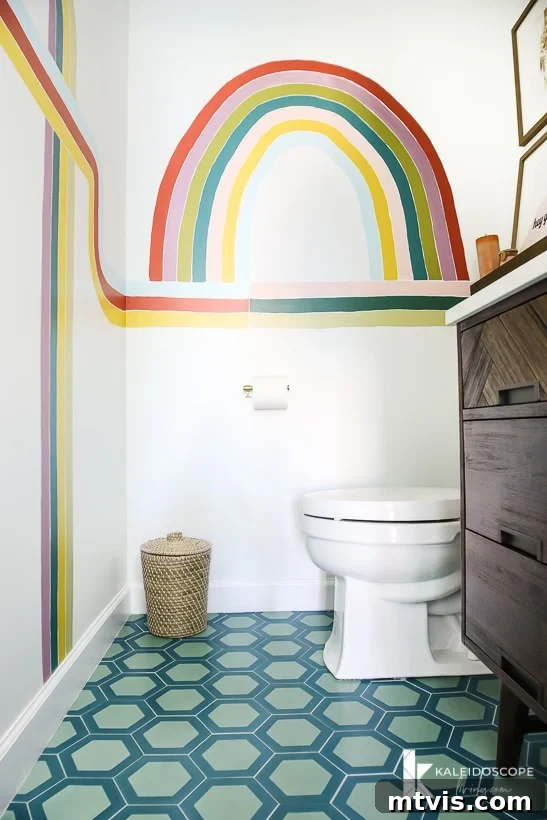 Handmade Hues: Our Vibrant Bathroom Makeover 10 Modern and colorful cement floor tile from Saba Tile in a DIY bathroom remodel.