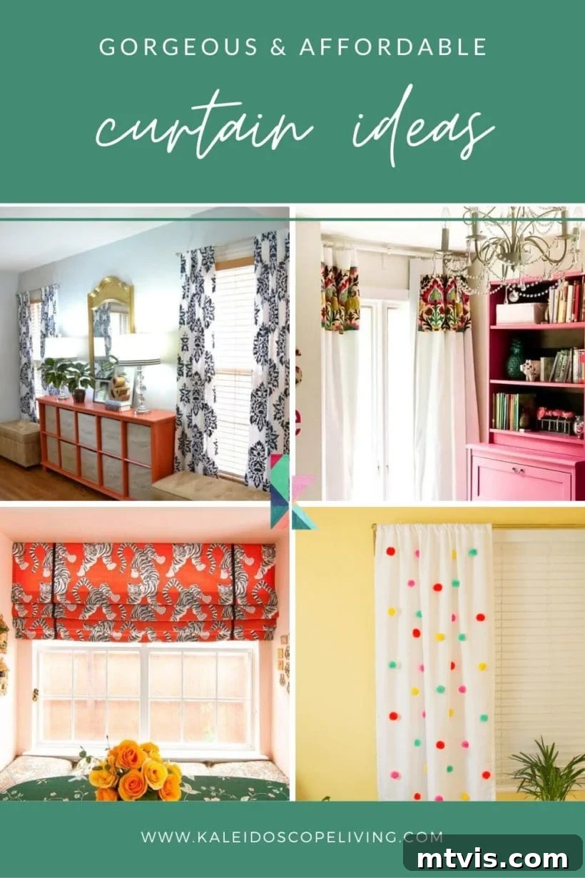 22 Chic DIY Curtains That Look High-End 2 A vibrant green banner above and below four examples of DIY curtains in bright rooms. The banner text reads, 'Gorgeous and Affordable Curtain Ideas' and 'www.kaleidoscope.com.'
