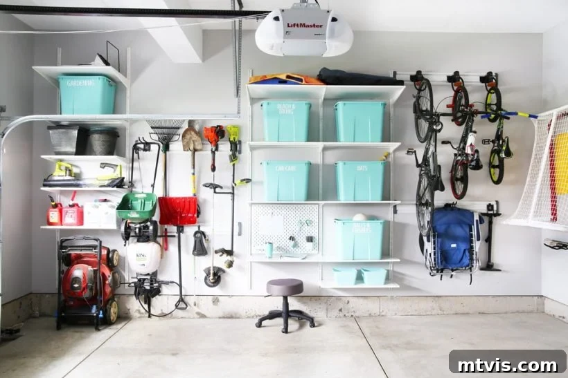 Organized garage featuring IKEA Algot/Boaxel shelving, bike rack, and yard tool storage with unified opaque bins.