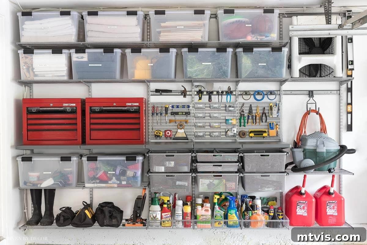 Elfa garage storage system with clear bins, offering versatile drawer and shelving organization.