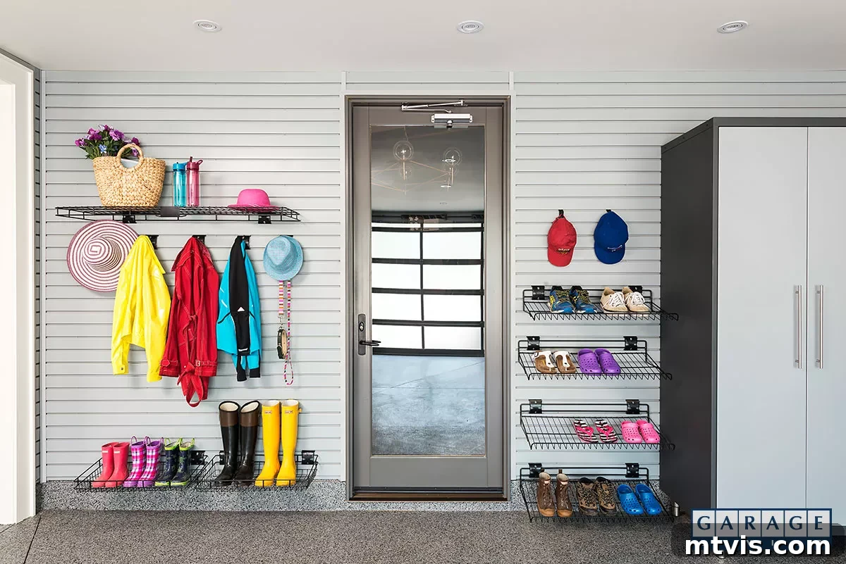 Slat wall organization system in a beautifully organized garage, demonstrating versatility.