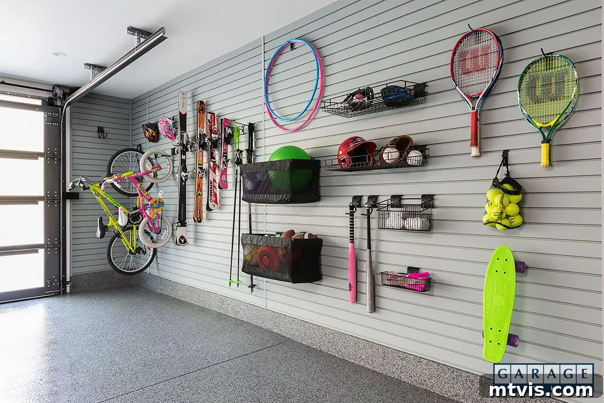 Another view of a slat wall organization system in a garage, highlighting its expansive storage capabilities.