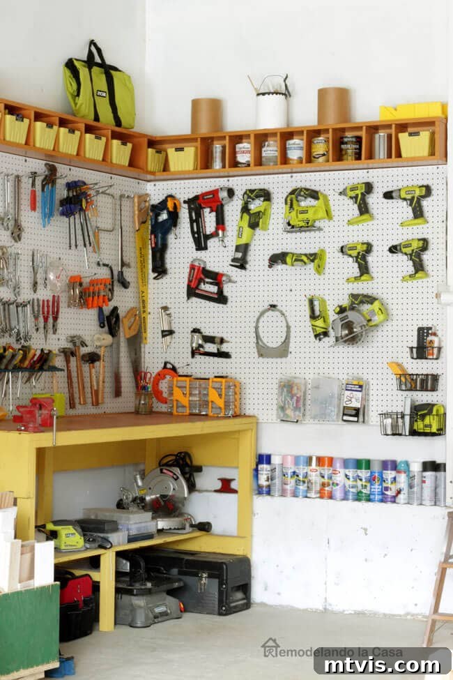 Corner garage storage with pegboard and DIY shelves, featuring a workbench and organized tools.