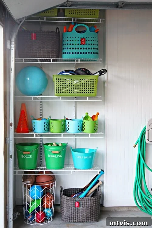 Simple garage organization ideas using wire shelves and inexpensive bins and totes for kids' outdoor toys.