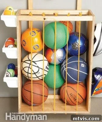 DIY ball storage bin with bungee cords, keeping various sports balls neatly organized and accessible.