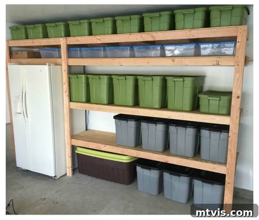 Easy DIY garage shelves by Ana White, fully loaded with storage bins for maximum utility.