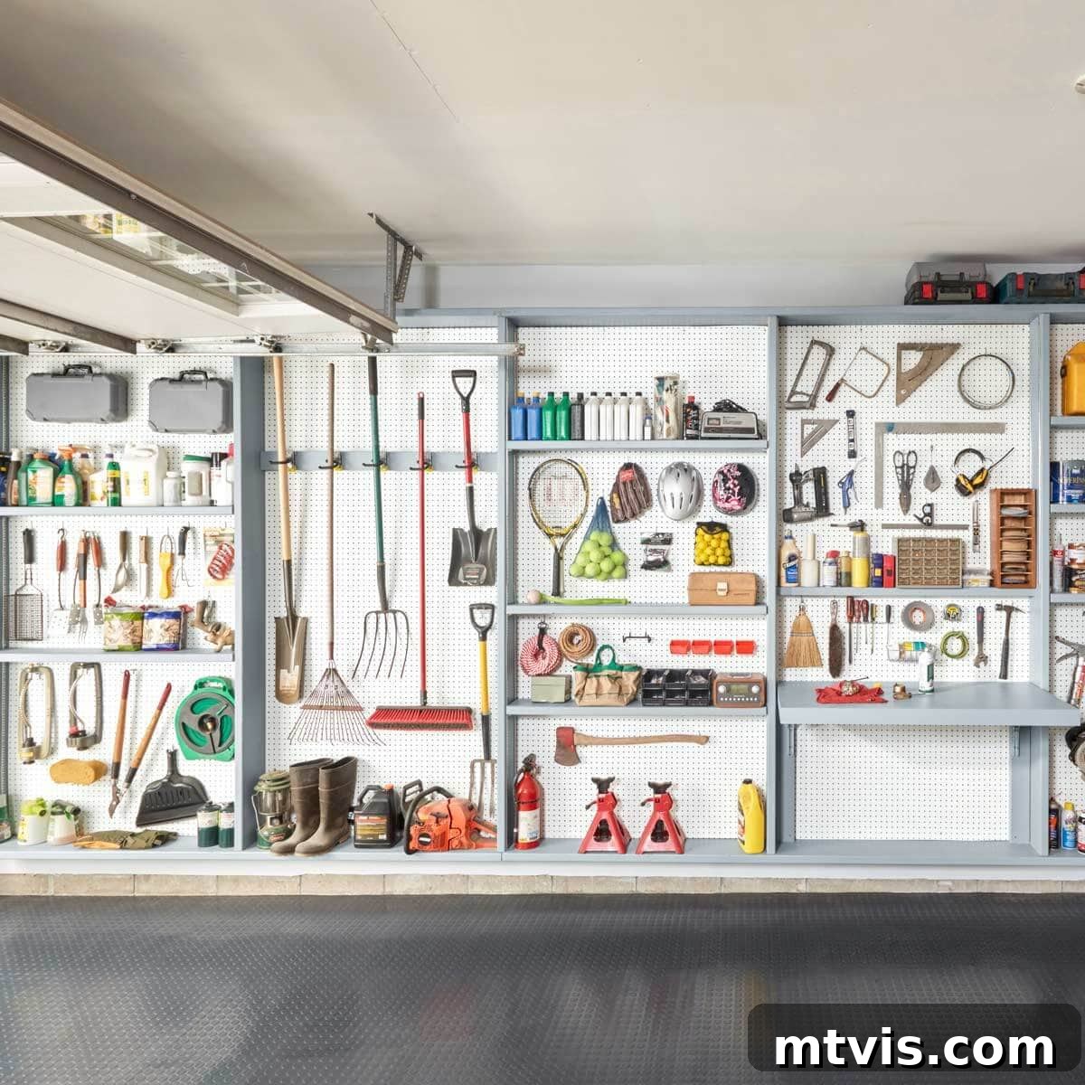DIY garage wall organization featuring shallow shelves above a foundation ledge, backed by pegboard for maximized space.