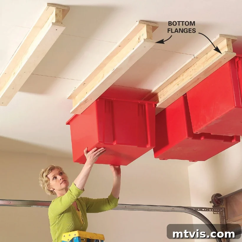 DIY slide-in bins overhead garage organization system, perfectly designed for accessible storage bins.