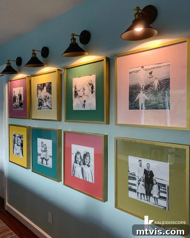 Bright DIY Memory Wall 13 Colorful photo gallery wall beautifully illuminated by sconces