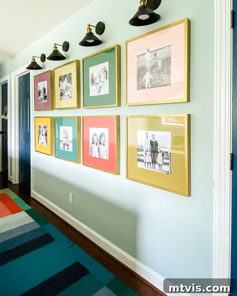 Bright DIY Memory Wall 3 Gallery wall featuring colorful photo mats and black frames
