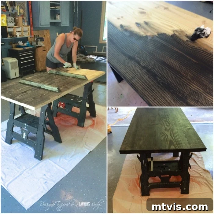 Crafting Your Own Pipe Table 7 Applying Minwax Polyshades stain to the carefully sanded DIY pipe table tabletop