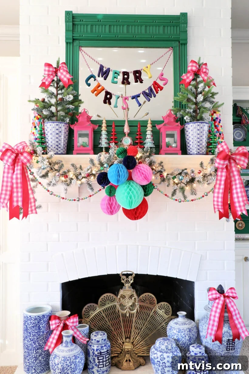 Joyful Christmas Mantel Magic 5 Whimsical colorful Christmas mantel featuring a blend of traditional and unique decor