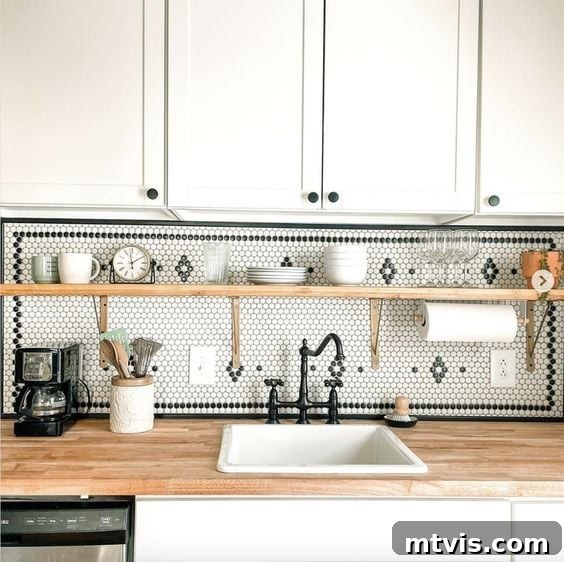 Budget DIY Kitchen Backsplash Makeovers 13 A captivating DIY penny tile backsplash enhances the kitchen's aesthetic, adding a unique touch.