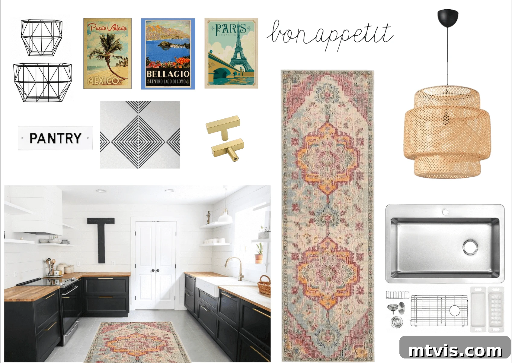 DIY Kitchen Transformation Under One Thousand 9 A mood board for a budget-friendly kitchen makeover mood board includes a muted rug runner, a beige chandelier, stainless steel sink, and a hardware along with a finished kitchen featuring black lower cabinets and white upper cabinets.