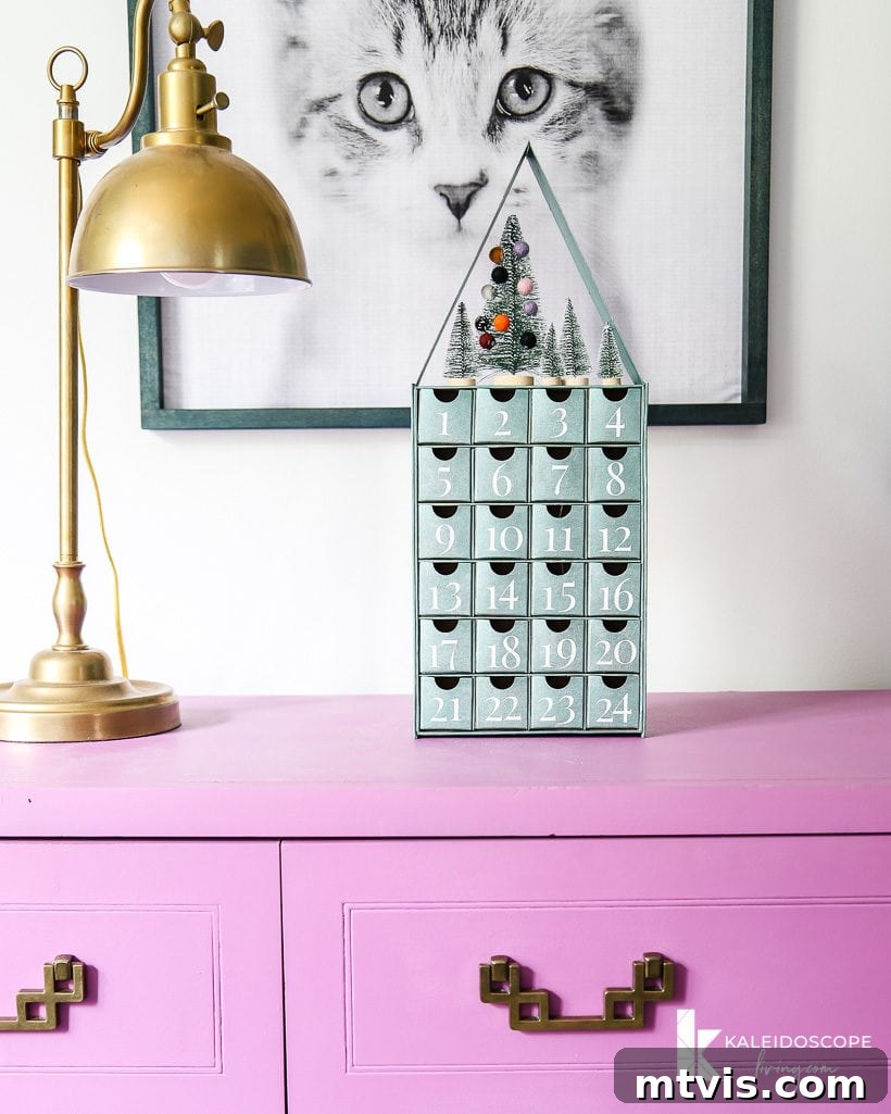 Personalized Advent Calendar Project with Cricut Explore Air 2 12 Close-up of Avery's DIY Advent calendar, highlighting the silver glitter numbers and sophisticated paint finish.