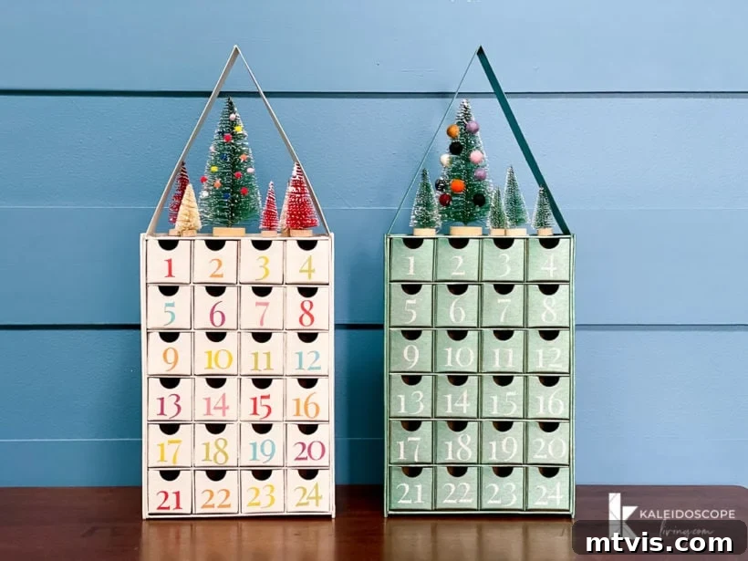 Personalized Advent Calendar Project with Cricut Explore Air 2 14 Two personalized DIY Advent calendars, one colorful and one metallic with glitter, displayed side-by-side to showcase their unique designs.