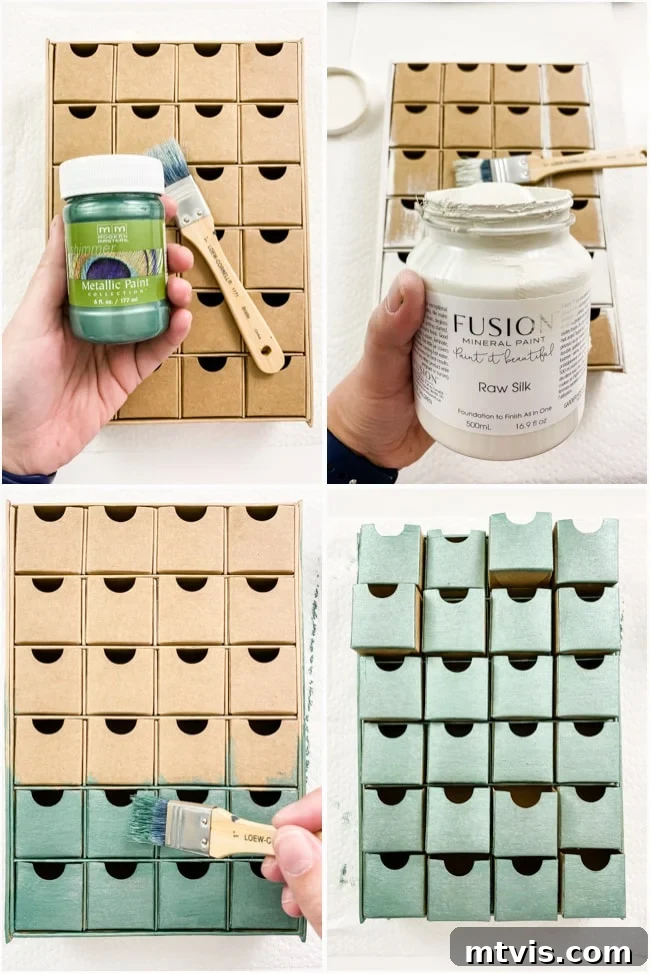 Personalized Advent Calendar Project with Cricut Explore Air 2 3 Paper mache Advent calendar being painted in a metallic blue-green color, a key first step for personalizing Christmas decor.