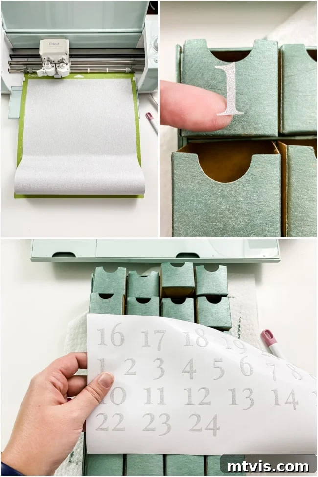 Personalized Advent Calendar Project with Cricut Explore Air 2 5 Cricut machine cutting numbers from glitter vinyl for a personalized Advent calendar, showcasing precision crafting.