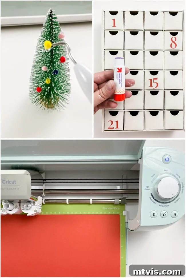 Personalized Advent Calendar Project with Cricut Explore Air 2 6 Close-up of Advent calendar drawers with numbers being attached, some with glitter vinyl and others with colored cardstock.