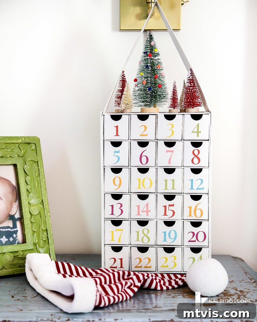 Personalized Advent Calendar Project with Cricut Explore Air 2 8 Attley's vibrant and colorful personalized DIY Advent calendar, featuring multi-colored cardstock numbers, fitting perfectly in her cheerful bedroom.