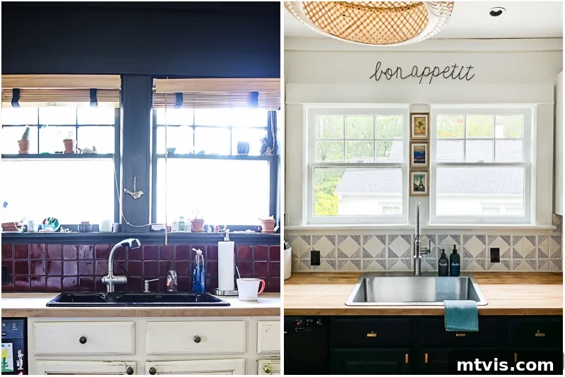 Backsplash Makeover Paint Your Tiles Like a Pro in 5 Steps 11 painted tile backsplash before and after comparison by Tasha Agruso of Kaleidoscope Living