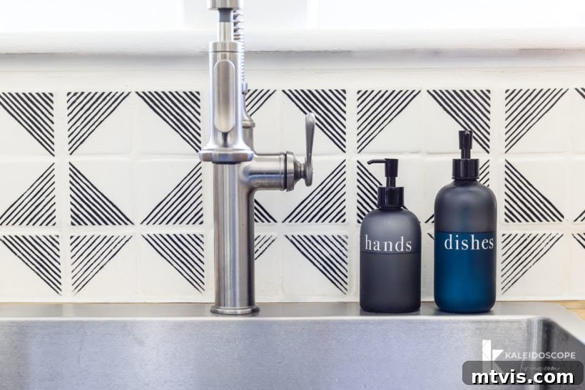 Backsplash Makeover Paint Your Tiles Like a Pro in 5 Steps 12 diy painted tile backsplash with geometric stencil by Tasha Agruso of Kaleidoscope Living, showing a wider kitchen view