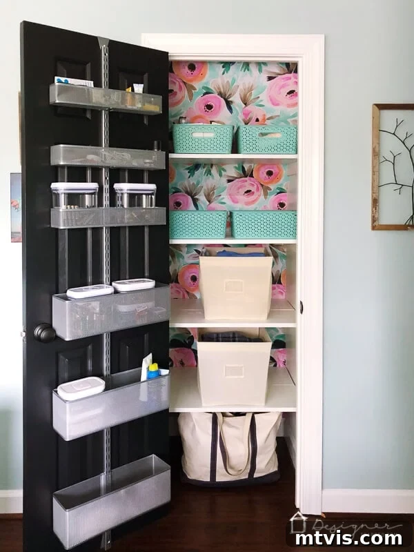 Vertical Victory Back of Door Organization 2 Organized linen closet featuring Elfa back of door storage for batteries, sunscreen, and small essentials.