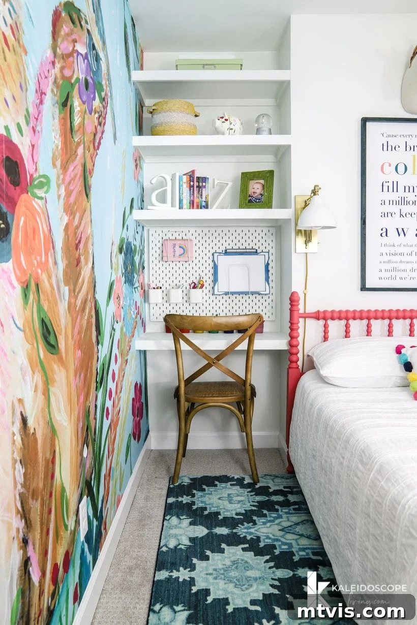 Functional and colorful girl's bedroom featuring a custom built-in desk with floating shelves, a stylish wood and rattan chair, and creative storage, demonstrating smart kid's room design.