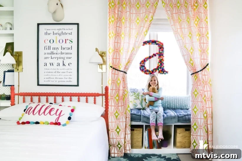 Charming view of a colorful little girl's bedroom, highlighting the personalized Jenny Lind bed, decorative pillows, and the whimsical mural, ideal for unique girl's room ideas.