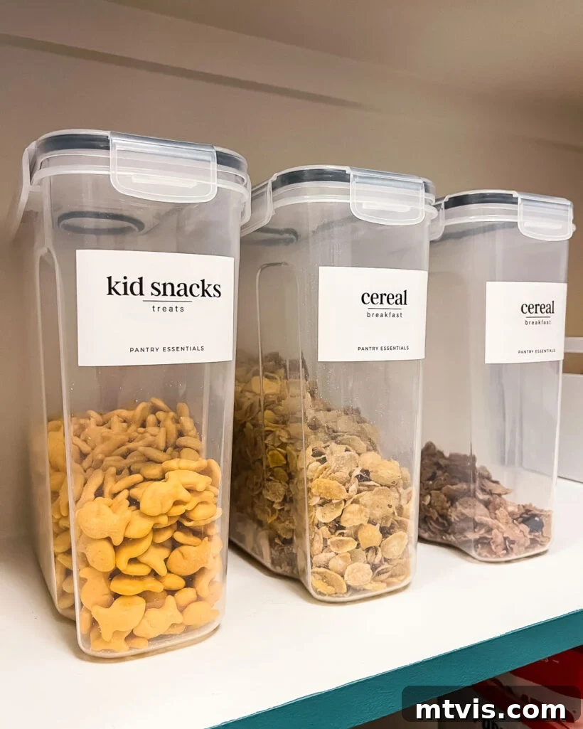 Smart Stylish Pantry Secrets 10 pantry labels on clear bins for cereal and snacks
