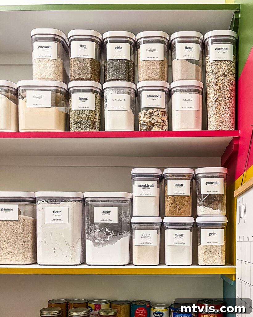 Smart Stylish Pantry Secrets 11 pantry labels on clear bins in pantry