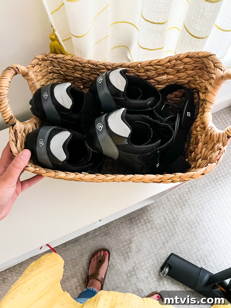 Transform Your Playroom: Simple Storage for a Clutter-Free Zone 14 A woven storage basket neatly holding cycling shoes, demonstrating versatile storage ideas for a multi-functional bonus room.